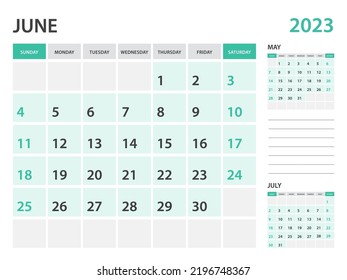 Calendar 2023 template-June 2023 year, monthly planner, Desk Calendar 2023 template, Wall calendar design, Week Start On Sunday, Stationery, printing, office organizer vector