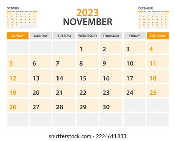 Calendar 2023 template-November 2023 year, monthly planner, Desk Calendar 2023 template, Wall calendar design, Week Start On Sunday, Stationery, printing, office organizer vector, orange background