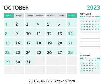 Calendar 2023 template-October 2023 year, monthly planner, Desk Calendar 2023 template, Wall calendar design, Week Start On Sunday, Stationery, printing, office organizer vector