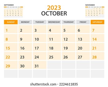 Calendar 2023 template-October 2023 year, monthly planner, Desk Calendar 2023 template, Wall calendar design, Week Start On Sunday, Stationery, printing, office organizer vector, orange background