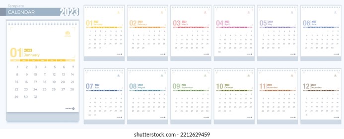 Calendar 2023 templates. 12 months, Simple monthly vertical calendar corporate design Layout in English. Week starts from Sunday. 3D vector isolated illustration design Cartoon pastel Minimal style. 