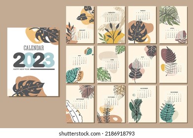 Calendar 2023 templates retro handdrawn leaf decor.