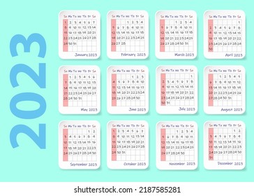 Calendar for 2023. Twelve sheets  containing a calendar for each month of the year. Week starts on Sunday.