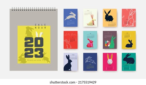 Calendar 2023 with various rabbits, planner organizer. Colored covers and 12 month pages bunny in different styles, character mascot symbol year. Set of Flat cartoon template, cute vector hare