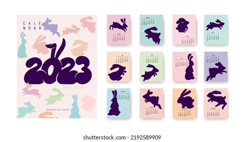 Calendar 2023 with various rabbits, planner organizer. Colorful covers and 12 month pages bunny in different styles, character mascot symbol year. Set of Flat cartoon template, cute vector hare.