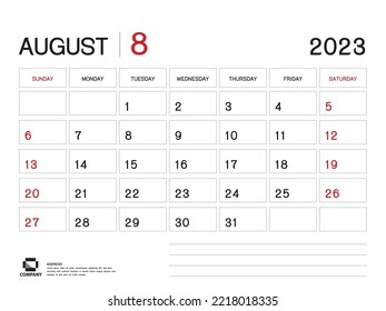 Calendar 2023 Vector- August 2023 year planner template, Desk Calendar 2023 Design, Week Start On Sunday, Planner, Stationery, Printing media, advertisement, business template