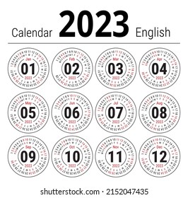 Calendar 2023. Vector English round calender. January, February, March, April, May, June, July, August, September, October, November, December. Sunday. Design template. Circle