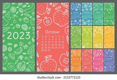 Calendar 2023. Vector English wall calender template. Fruits, berries. Lemon, kiwi, banana, pear, cherry and strawberry. Raspberry, watermelon, grapes, apple, pomegranate and mandarin. Doodle sketch