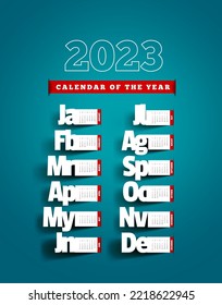 Calendar for 2023. Vector illustration with months cut out of paper and a shadow on the background