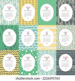 Calendar 2023. Vector illustration. Starts on Monday