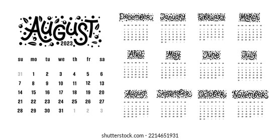 Calendar 2023 - vector illustration. Week starts on Sunday. 
