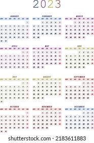 Calendar for 2023 vector and illustrator. Week start on monday. Simple, colorful and elegant calendar design and the sunday in red color.