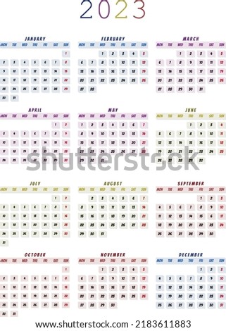 Calendar for 2023 vector and illustrator. Week start on monday. Simple, colorful and elegant calendar design and the sunday in red color.