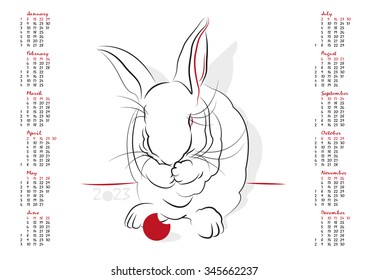 Calendar 2023 in vector isolated on white background.  The Year of the Rabbit. Week starts from sunday