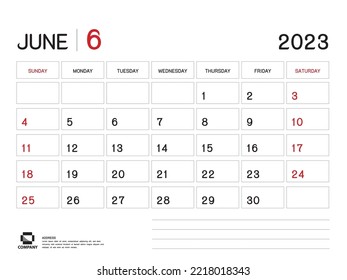 Calendar 2023 Vector- June 2023 year planner template, Desk Calendar 2023 Design, Week Start On Sunday, Planner, Stationery, Printing media, advertisement, business template