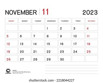 Kalender 2023 Vektorgrafik- November 2023-Jahres-Planervorlage, Desk Calendar 2023 Design, Woche Start am Sonntag, Planer, Stationerie, Printing Media, Werbung, Business-Vorlage