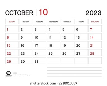 Calendar 2023 Vector- October 2023 year planner template, Desk Calendar 2023 Design, Week Start On Sunday, Planner, Stationery, Printing media, advertisement, business template