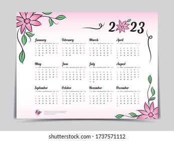 Calendar 2023 vector template, simple minimal design, Yearly calendar organizer for weeks, Week starts on Monday, Set of 12 calendar, Pink Flower background concept.
