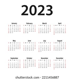 Calendar 2023 vector template, simple minimalistic design, Planner 2023, Wall calendar 2023, Week starts Sunday, Set of 12 calendars, advertising, printing, stationery, holidays in red