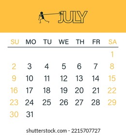 Zeitplan für 2023. Kalednar-Vektorvorlage. Die Woche beginnt am Sonntag. Kalender im minimalistischen Stil. Kalender für Juli. Zeitplan für die Planung.