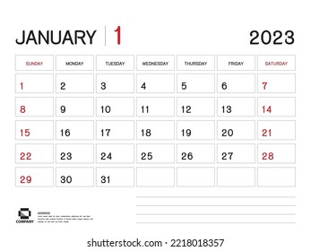 Calendar 2023 Vector-January 2023 year planner template, Desk Calendar 2023 Design, Week Start On Sunday, Planner, Stationery, Printing media, advertisement, business template