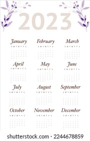 Calendar for 2023. Vertical design with a botanical image. Leaves in purple colors. A set of 12 months. The week starts on Sunday.