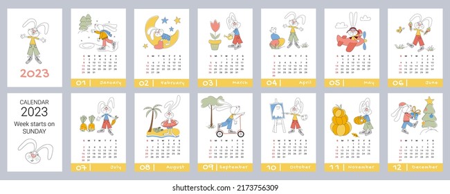 Calendar for 2023. Vertical design with rabbit. The rabbit character is a mascot, an oriental symbol of the year. Editable vector illustration, set of 12 months with a cover. The week starts on Sunday