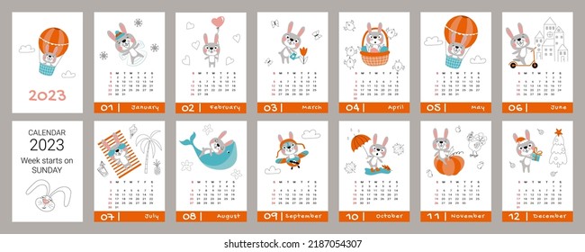Calendar for 2023. Vertical design with rabbit. The rabbit character is a mascot, an oriental symbol of the year. Editable vector illustration, set of 12 months with a cover. The week starts on Sunday