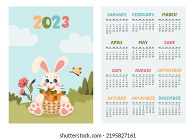 Calendar 2023. Vertical planner with cute bunny in different seasons.  Cartoon character rabbit  as symbol of new year. Week starts on Monday. Vector flat illustration