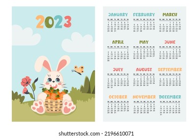 Calendar 2023. Vertical planner with cute bunny in different seasons.  Cartoon character rabbit  as symbol of new year. Week starts on Sunday. Vector flat illustration