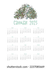 Cartel vertical Calendario 2023, decoración de estrellas estilizadas con doodle y árbol de Navidad.