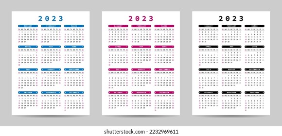 Plantilla vertical Calendar 2023, diseño simple mínimo. La semana comienza el domingo. calénder de bolsillo o de pared. Orientación vertical, inglés. Números negros sobre fondo blanco. Ilustración del vector 10 EPS.