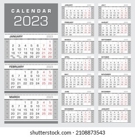 Calendar 2023. Wall quarterly calendar with week numbers. Week start from Monday. Ready for print, color - Black, Red, Silver. Vector Illustration