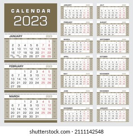 Calendar 2023. Wall quarterly calendar with week numbers. Week start from Monday. Ready for print, color - Black, Red, Gold. Vector Illustration