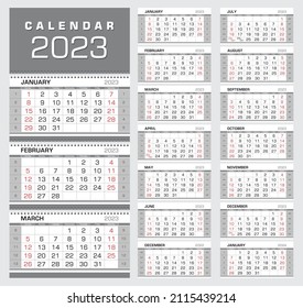 Calendar 2023. Wall quarterly calendar with week numbers. Week start from Sunday. Ready for print, color - Black, Red, Silver. Vector Illustration