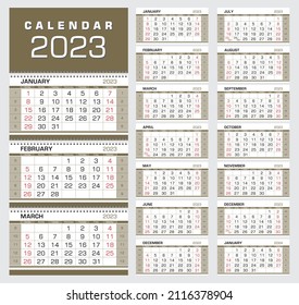 Calendar 2023. Wall quarterly calendar with week numbers. Week start from Sunday. Ready for print, color - Black, Red, Gold. Vector Illustration