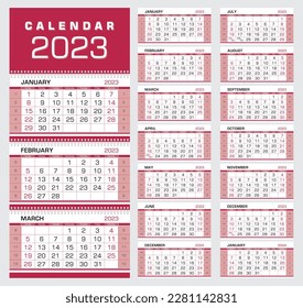 Calendar 2023. Wall quarterly calendar with week numbers. Week start from Sunday. Ready for print, color - Black, Viva Magenta. Vector Illustration