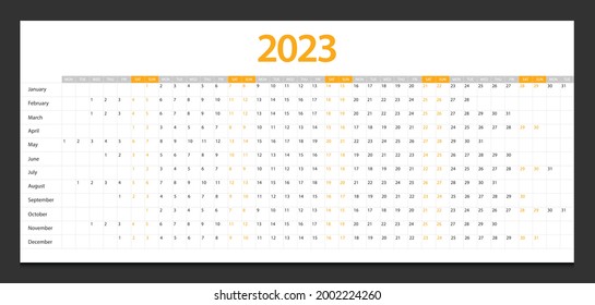 Calendar 2023 week start Monday corporate design planner template.