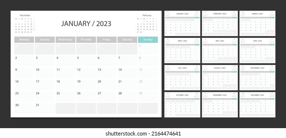 Calendar 2023 week start Monday corporate design planner template.