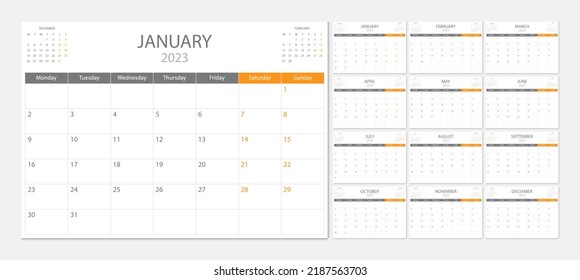 Calendar 2023 week start Monday corporate design planner template.