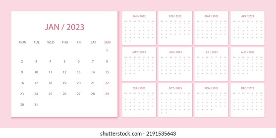 Calendar 2023 Week Start Monday Corporate Stock Vector Royalty Free 2191535643 Shutterstock 4216