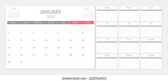 Calendar 2023 week start Monday corporate design planner template.