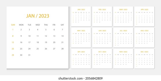 Calendario 2023 semana de inicio Domingo vector de plantilla de diseño corporativo.