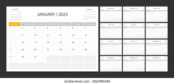 Calendar 2023 week start Sunday corporate design planner template.