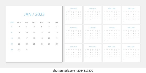 Calendar 2023 week start Sunday corporate design template vector.