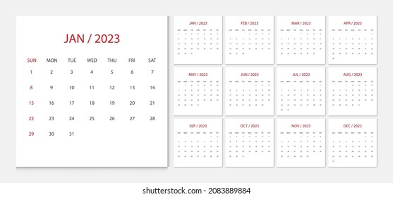 Calendar 2023 week start Sunday corporate design template vector.