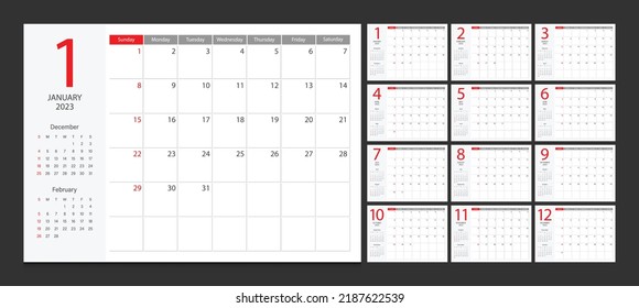 Calendar 2023 week start Sunday corporate design planner template.