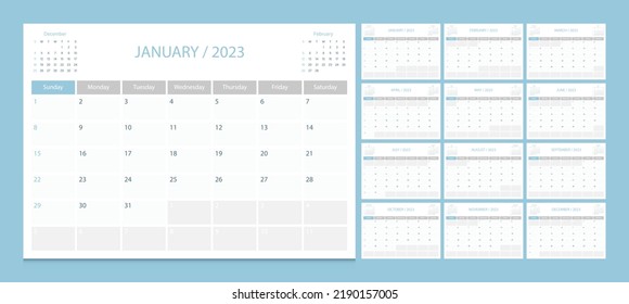 Calendario 2023 semana de inicio domingo planeamiento de diseño corporativo.