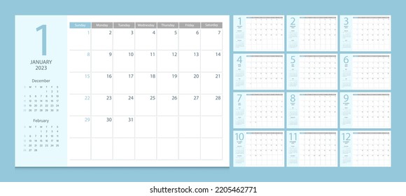 Calendar 2023 week start Sunday corporate design planner template.