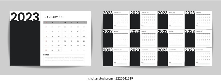 Calendar 2023 week start Sunday corporate design planner template. Free space for image.